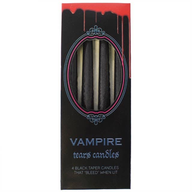 Vampire Tears box of four black taper candles dripping red wax, gothic decor for a spooky dinner table