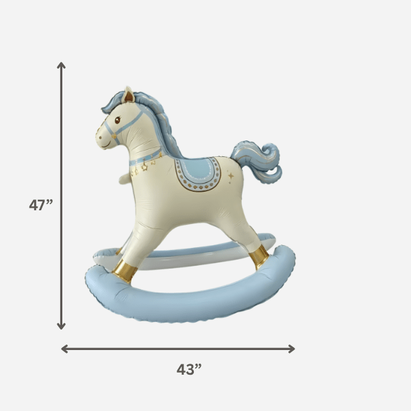 Blue rocking horse balloon with 47 inch size guide for a first birthday or carousel party