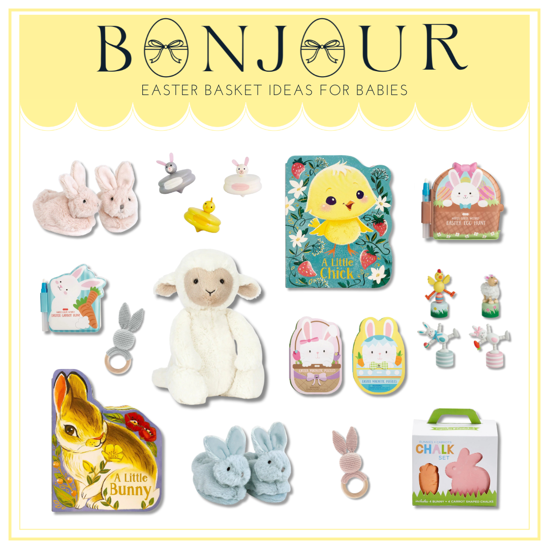 Collection of Easter-themed baby toys and basket gifts