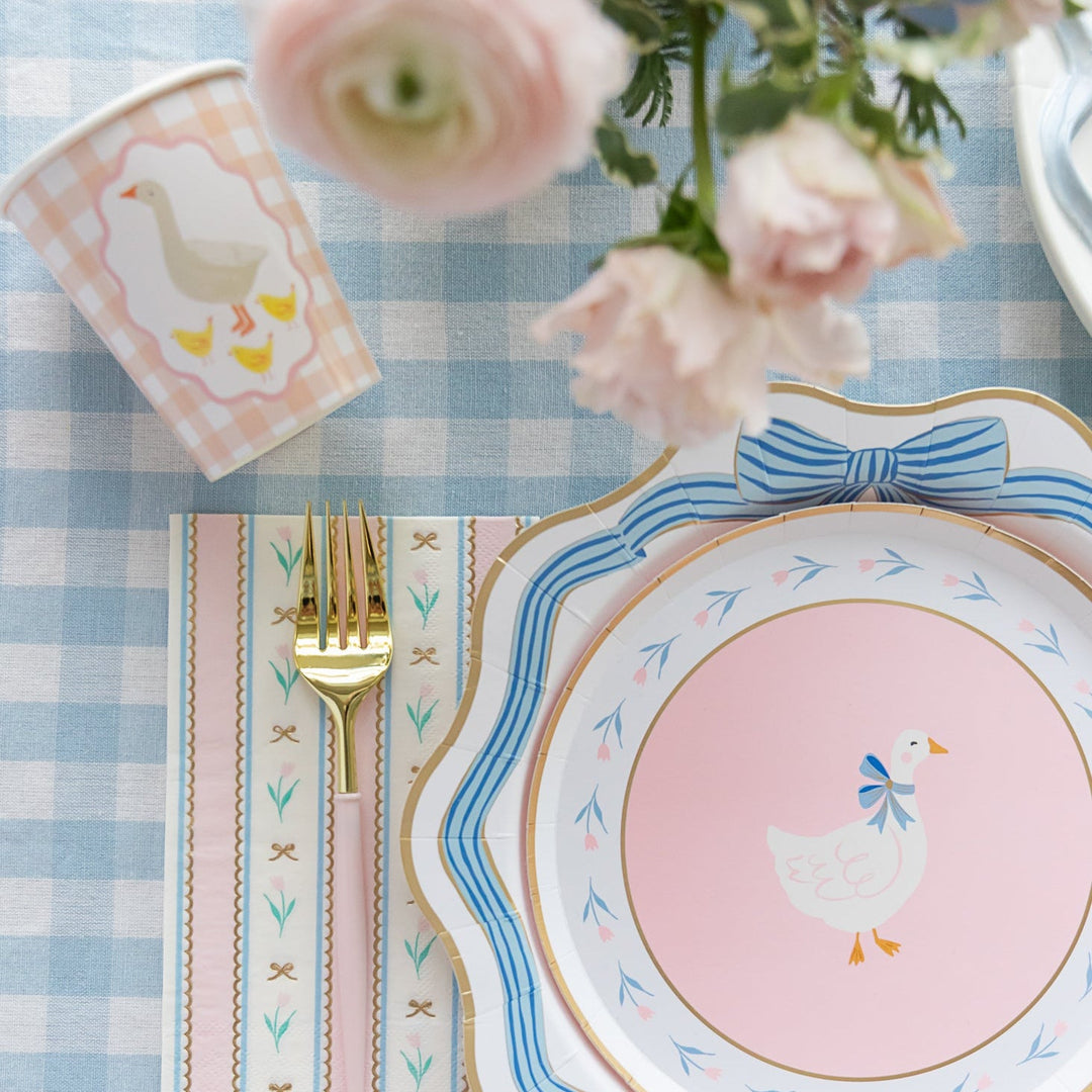 ELEGANT BLUE & GOLD BOW DINNER PLATES Bonjour Fete Plates ELEGANT BLUE & GOLD BOW DINNER PLATES Bonjour Fete - Party Supplies