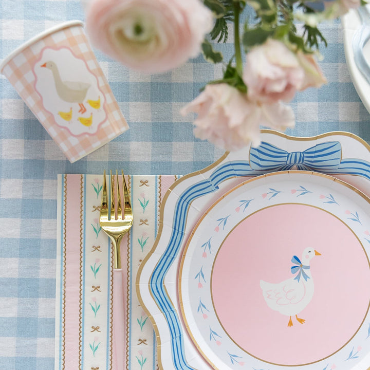 ELEGANT BLUE & GOLD BOW DINNER PLATES Bonjour Fete Plates ELEGANT BLUE & GOLD BOW DINNER PLATES Bonjour Fete - Party Supplies