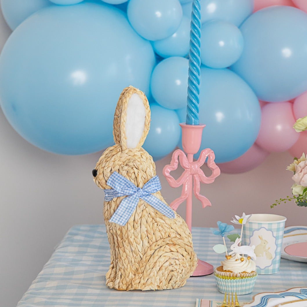 WOVEN BUNNY WITH GINGHAM BOW DECORATION Mud Pie Easter Home WOVEN BUNNY WITH GINGHAM BOW DECORATION Bonjour Fete - Party Supplies