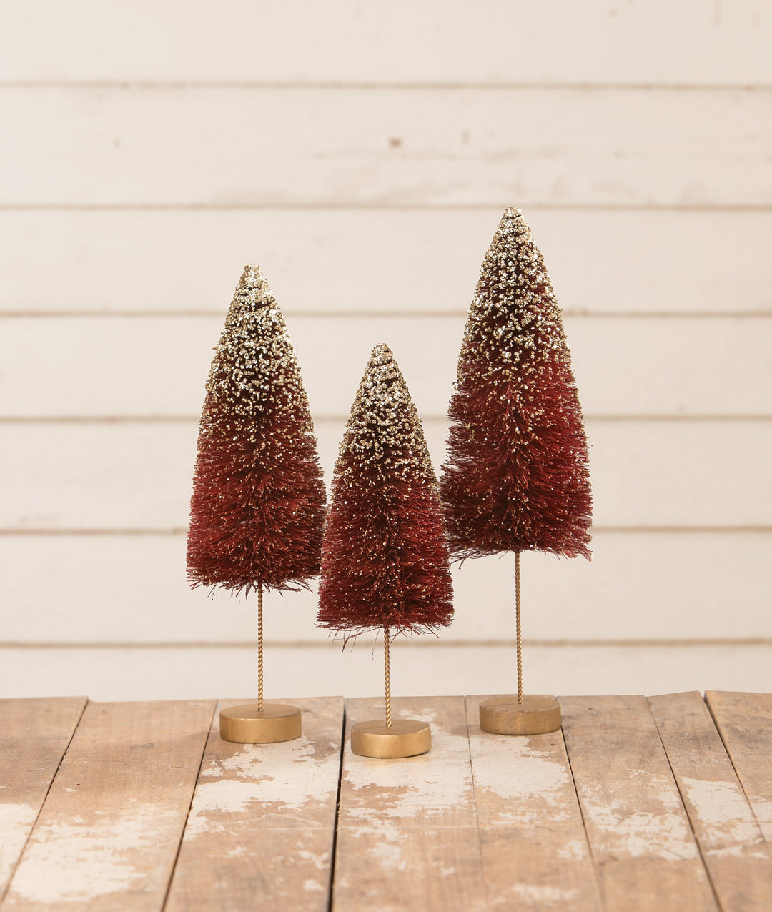 Ruby and gold glow bottle brush Christmas trees by Bethany Lowe Designs