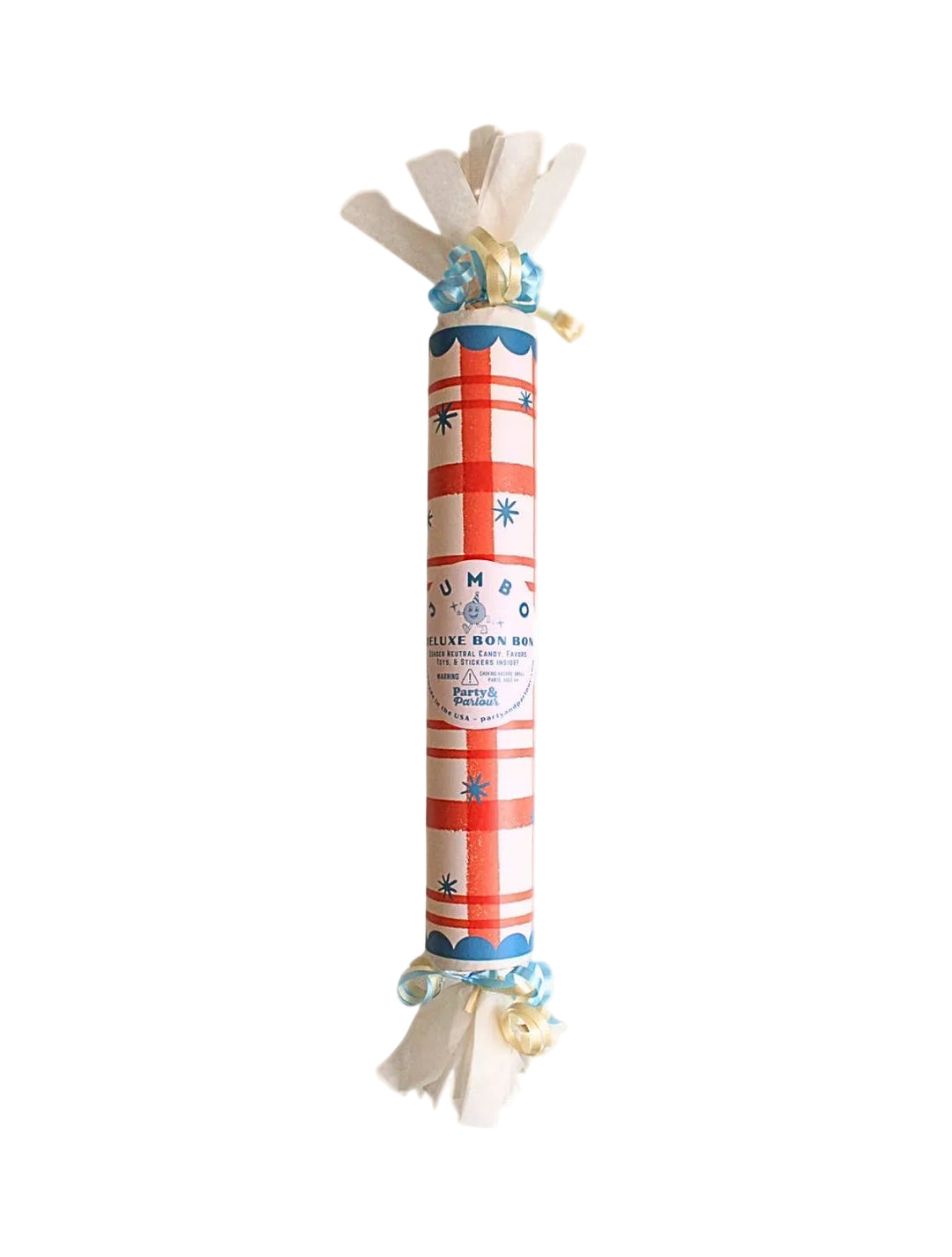 Red plaid jumbo surprise bon bon with blue scallop trim and starbursts for a holiday place setting