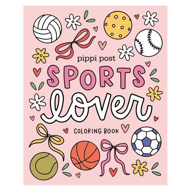 Sports Lover coloring book with pink cover of volleyball, soccer ball, baseball, and bows for team gifts