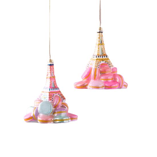 EIFFEL TOWER ON MACAROONS GLASS ORNAMENT BY GLITTERVILLE One Hundred 80 Degrees Christmas Ornament Bonjour Fete - Party Supplies