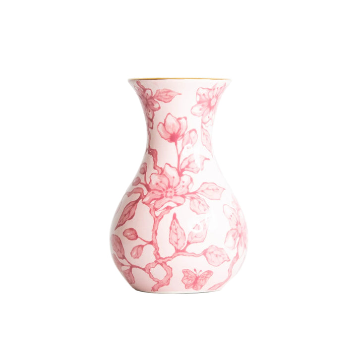 Pink chinoiserie bud vase hand painted with blossoms and leaves, with a gold rim, for a garden party table