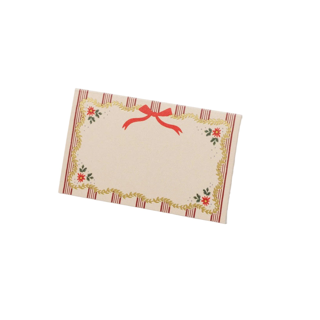 Holly Jolly Christmas place card with red ticking stripe edges, gold laurel border, and red bow illustration