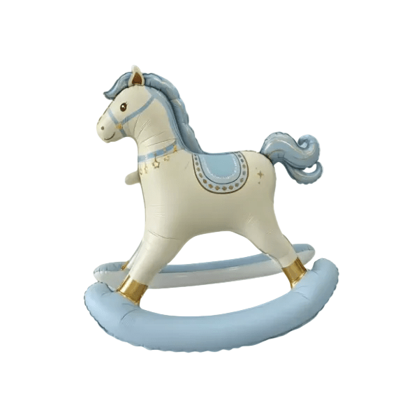 Blue rocking horse foil balloon with powder blue mane and rocker for a boy baby shower