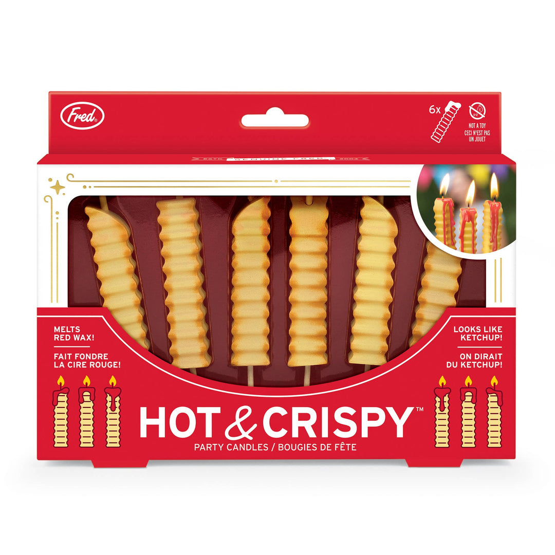 French fry shaped birthday candles in red gift box, showing 6 crinkle-cut candles that melt to reveal red ketchup wax