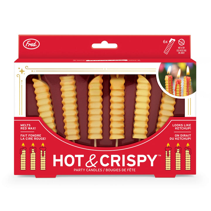 French fry shaped birthday candles in red gift box, showing 6 crinkle-cut candles that melt to reveal red ketchup wax