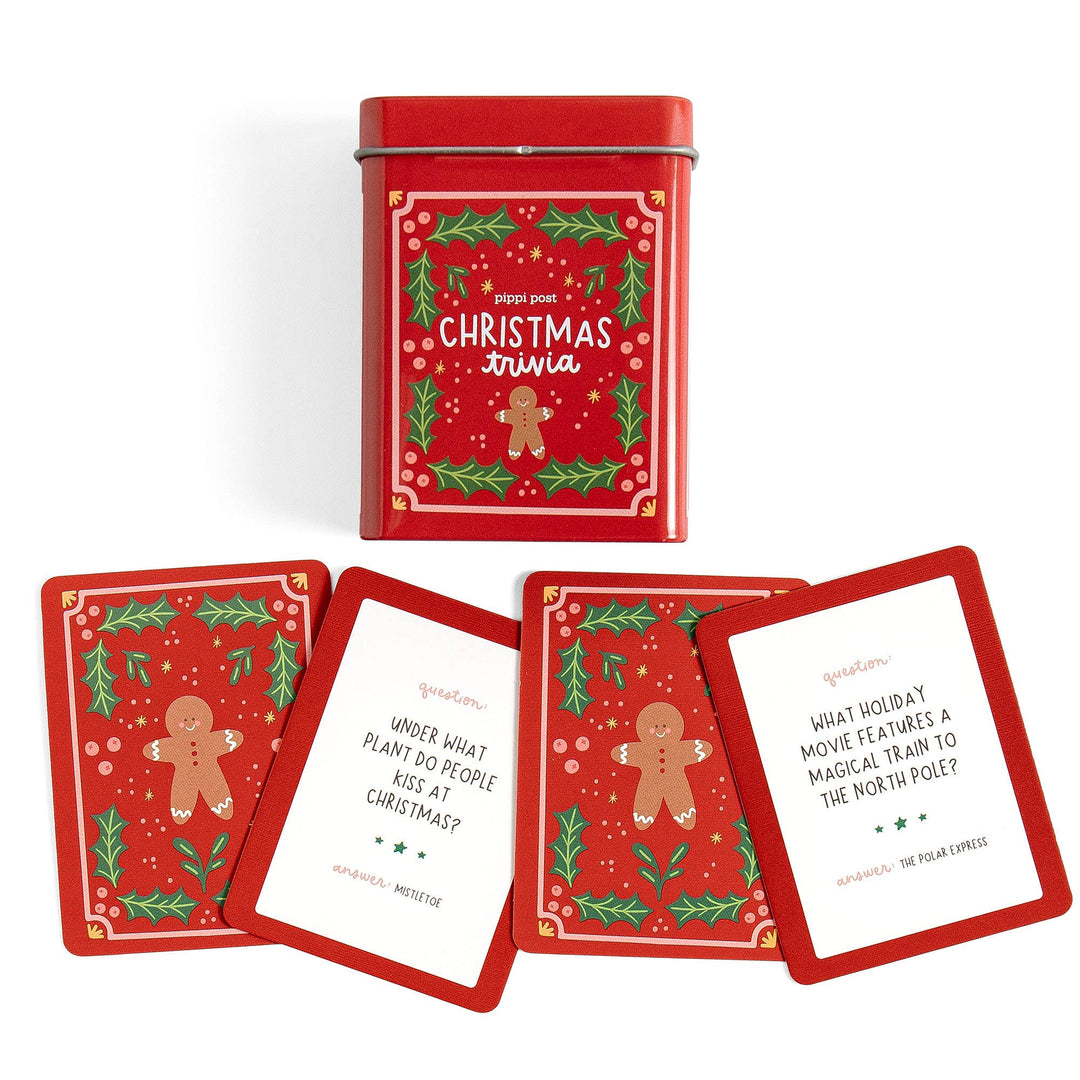 Christmas trivia red tin with gingerbread man art and question cards for holiday party games