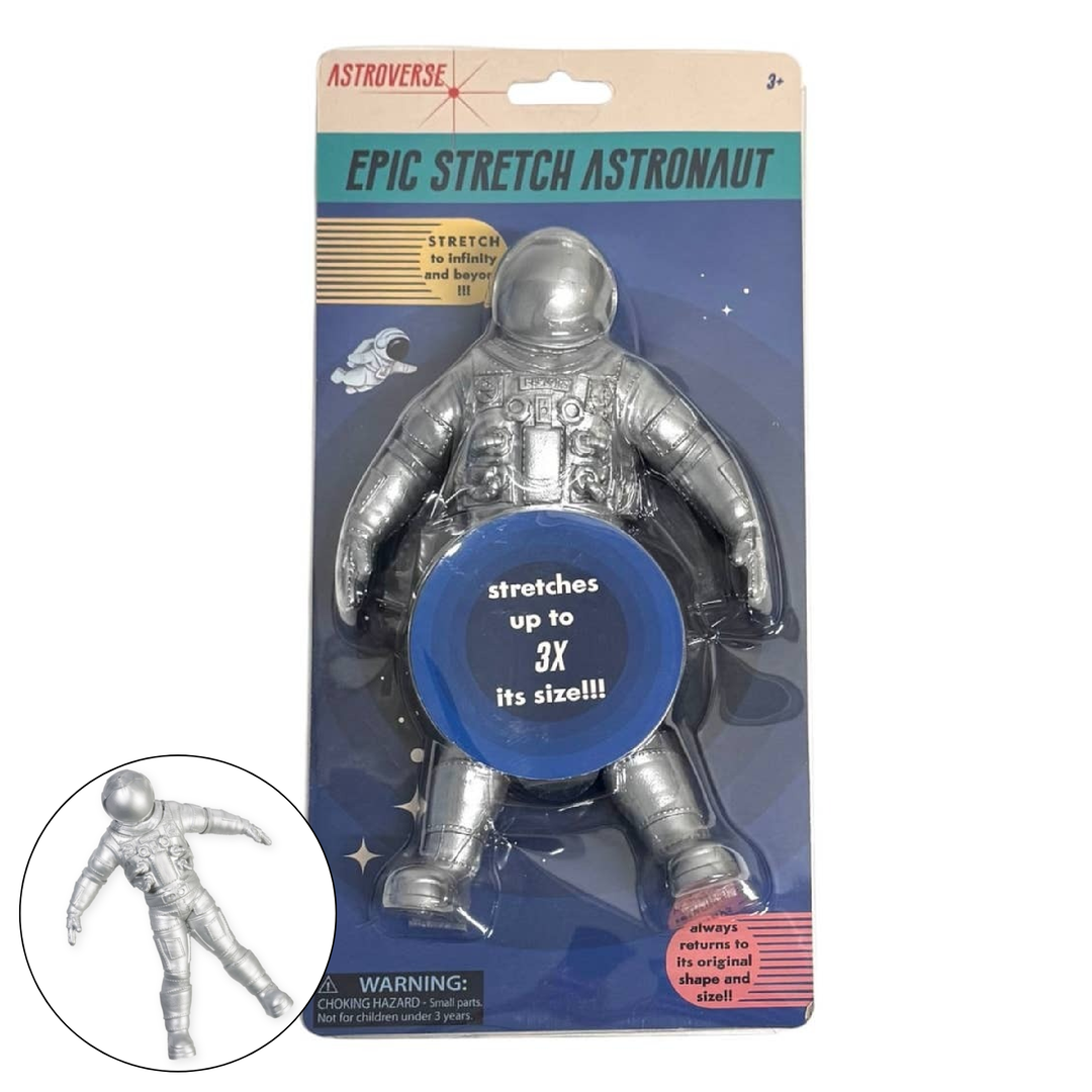 Epic Stretch Astronaut in Astroverse blister pack showing silver spaceman that stretches to 3x size, a space party favor