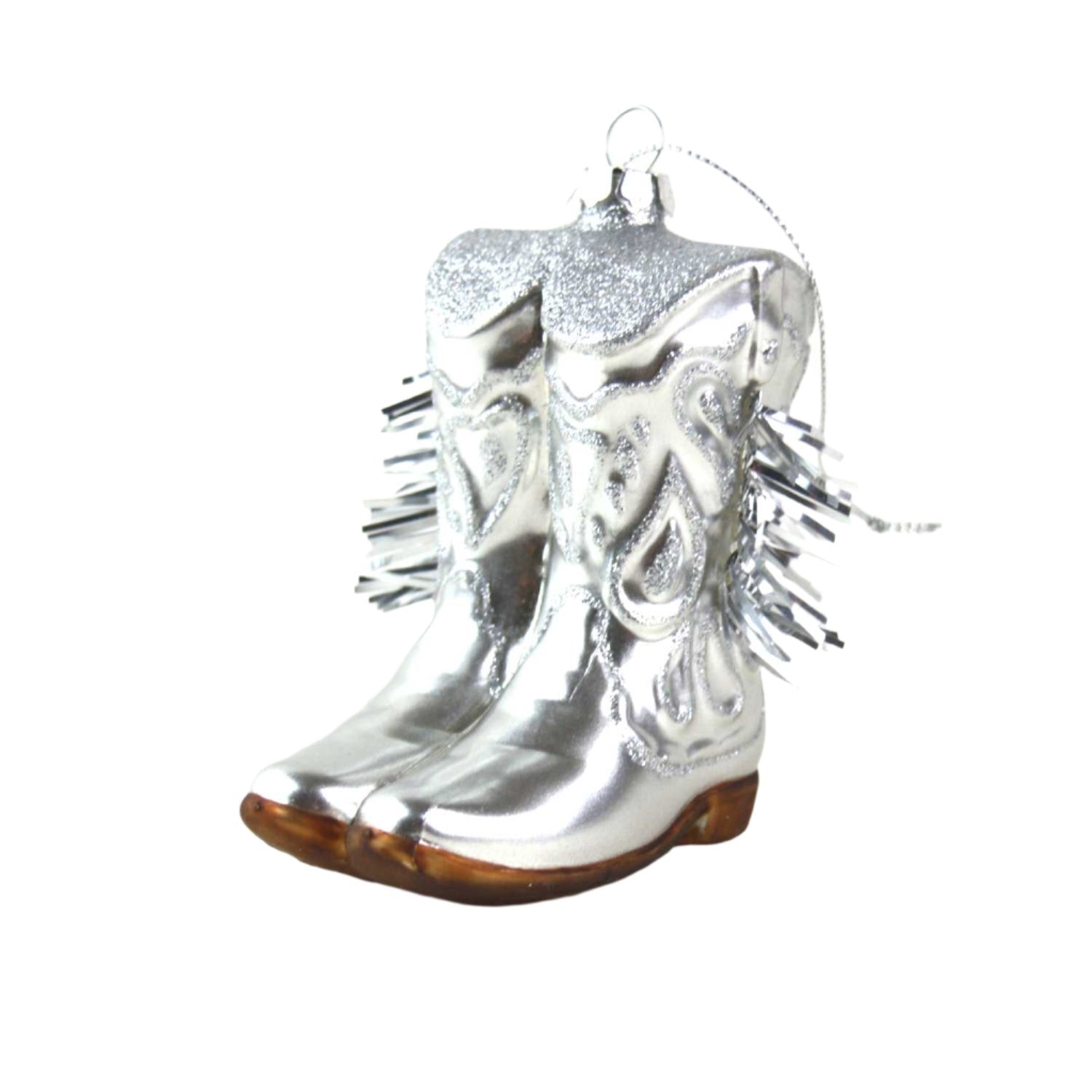 Silver Cowgirl Boot Glass Ornament - Thumbnail 2