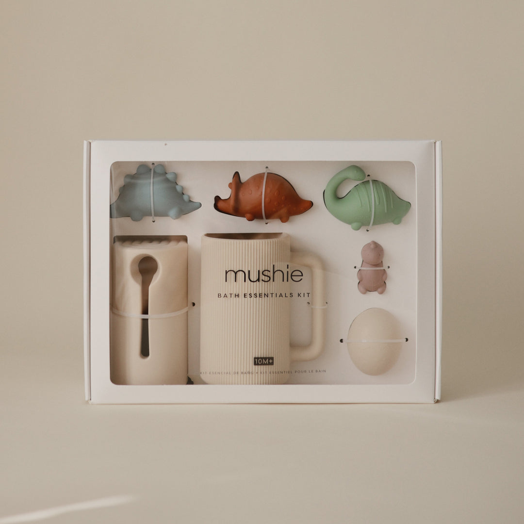 Dino Bath Essentials Kit styled — Mushie dinosaur bath set for toddlers and babies