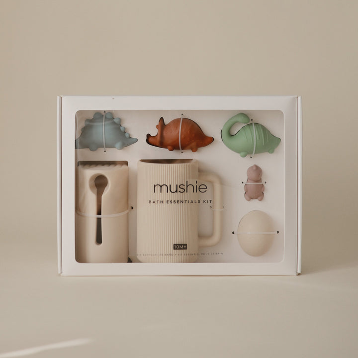 Dino Bath Essentials Kit styled — Mushie dinosaur bath set for toddlers and babies