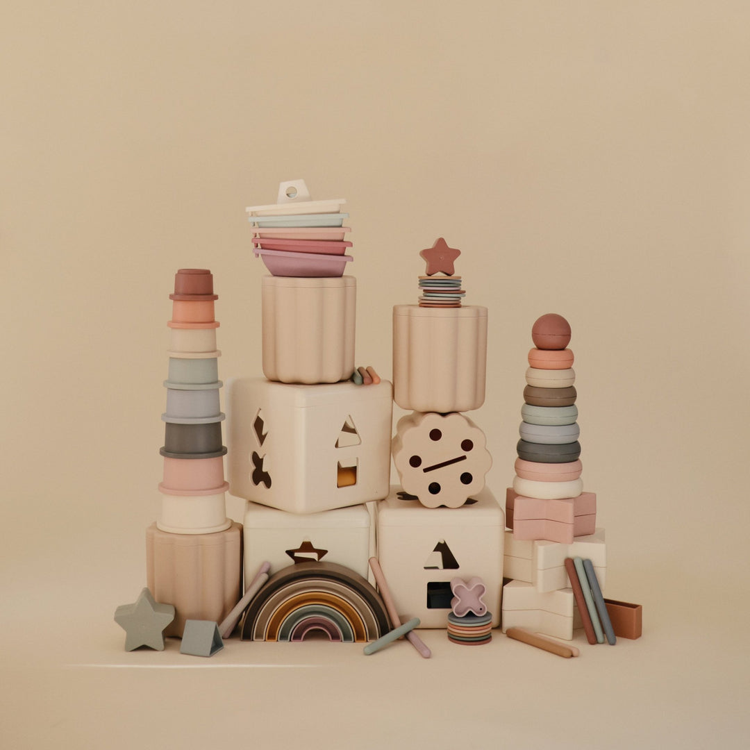 Flat lay of the Mushie coin and tube sorting set pieces