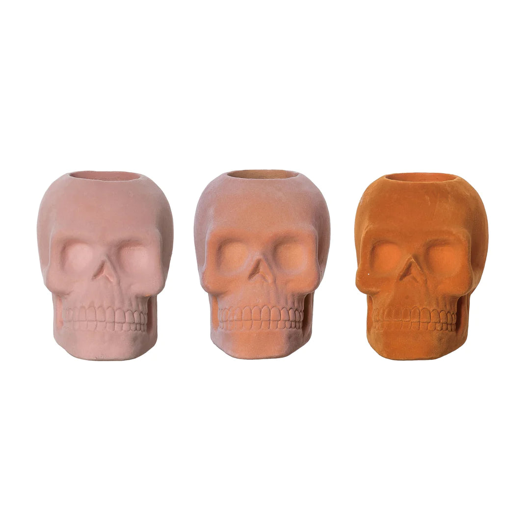 FLOCKED SKULL CONTAINER Transpac Halloween Home Decor Bonjour Fete - Party Supplies