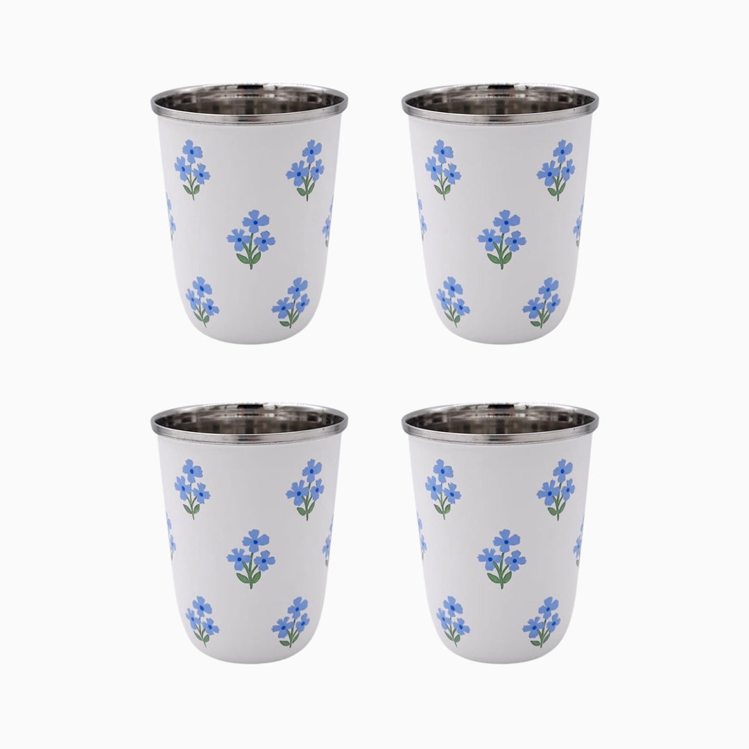 Floral Blue Short Enamelware Tumblers - Set of 4