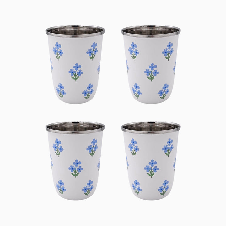 Floral Blue Short Enamelware Tumblers - Set of 4