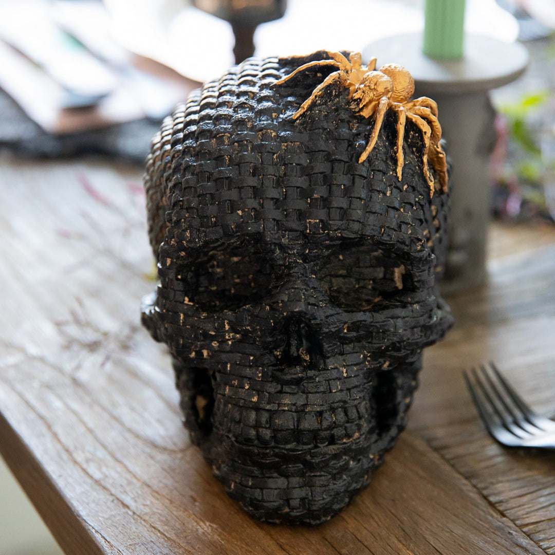 BLACK WOVEN SKULL WITH GOLD SPIDER K&K Interiors Halloween Home Decor BLACK WOVEN SKULL WITH GOLD SPIDER Bonjour Fete - Party Supplies