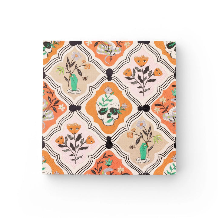 Floral Halloween skulls and spiders dinner napkins, set of 20, folded to 6.5 inches for a seated dinner