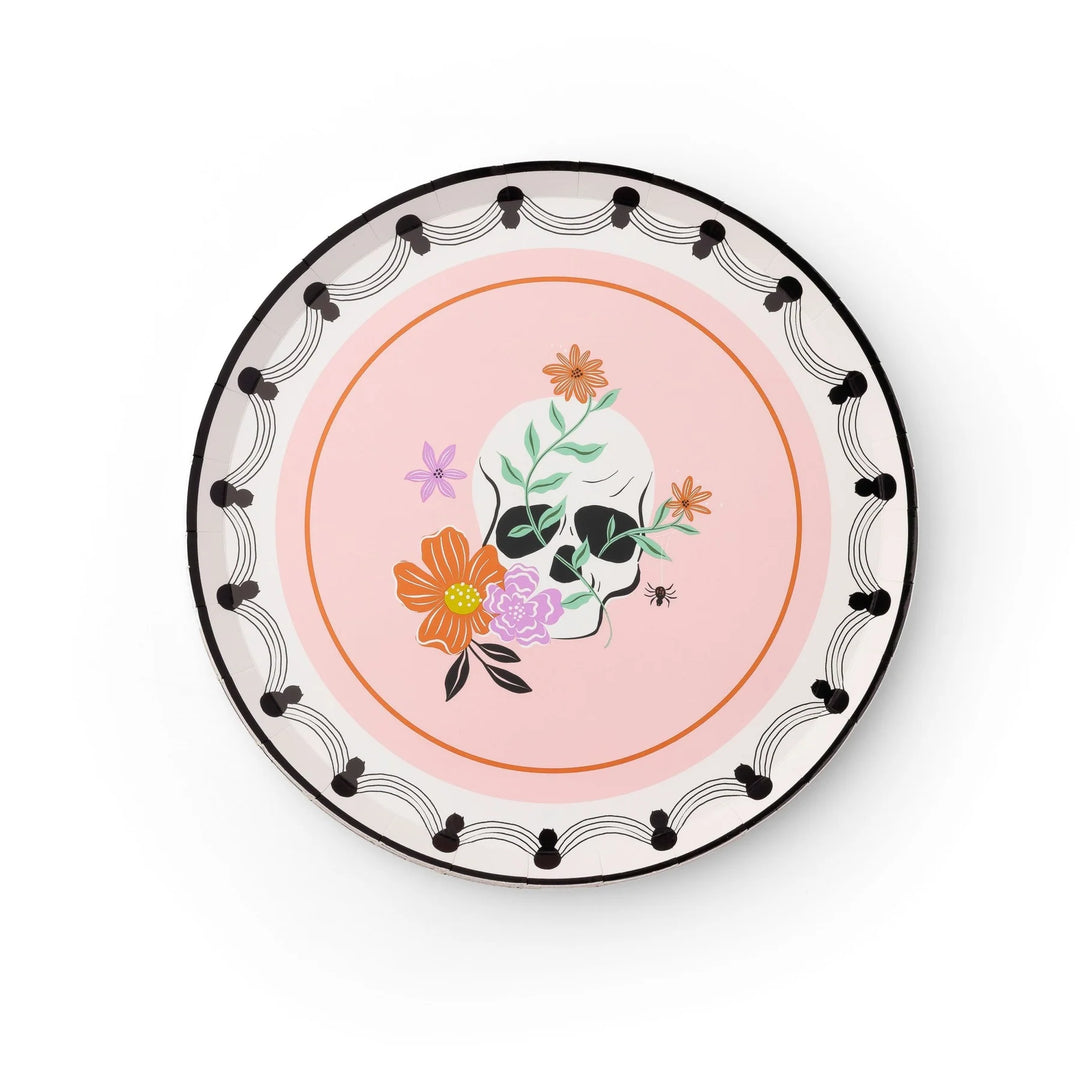 Floral Halloween skulls and spiders dessert plates, set of 8, on an 8.25 inch round plate