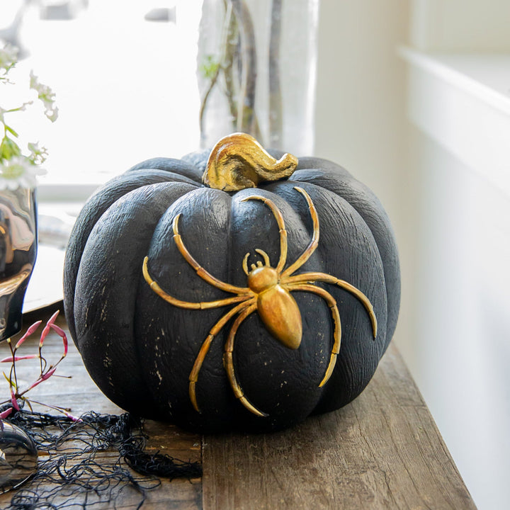 BLACK PUMPKIN WITH SPIDER DECORATION Allstate Floral Halloween Home Decor BLACK PUMPKIN WITH SPIDER DECORATION Bonjour Fete - Party Supplies