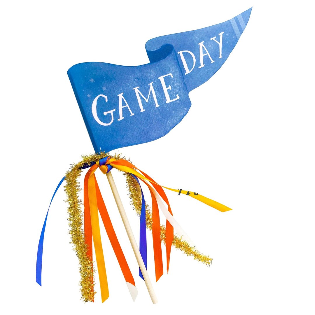 Blue Game Day pennant flag with blue, orange, and white ribbons and gold tinsel on a wood dowel