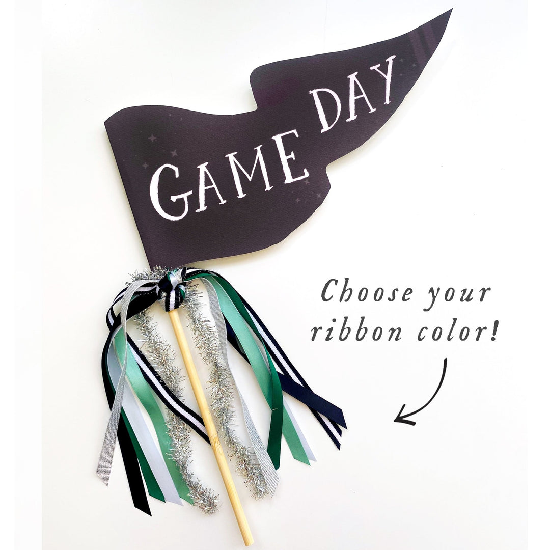Black Game Day pennant flag with green, navy, silver, and white ribbons and silver tinsel on a wood dowel
