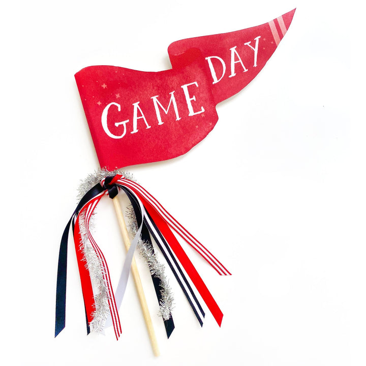 Red Game Day pennant flag with red, white, and navy ribbons and silver tinsel on a wood dowel