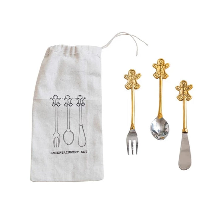 GINGERBREAD MAN BRASS CUTLERY SET Creative Co-op Christmas Holiday Kitchen & Entertaining Bonjour Fete - Party Supplies