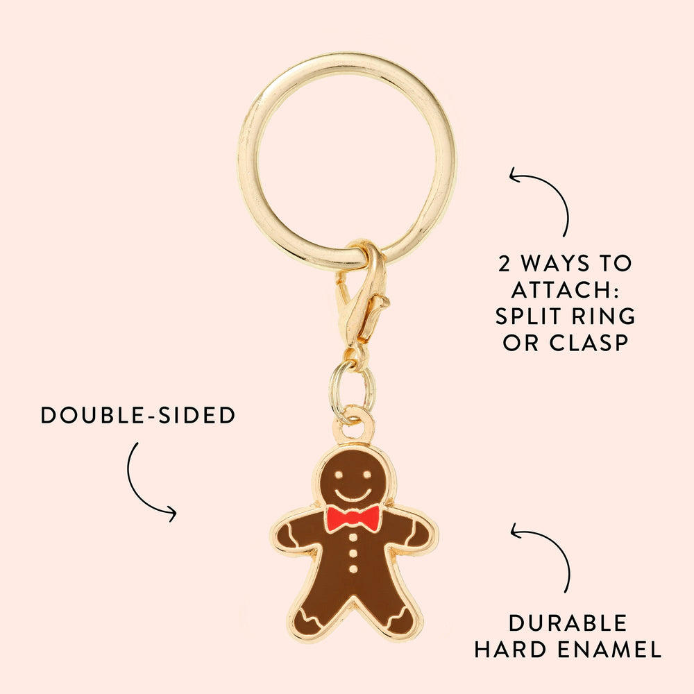 Gingerbread collar charm diagram identifying double-sided hard enamel and split-ring or clasp attachment.