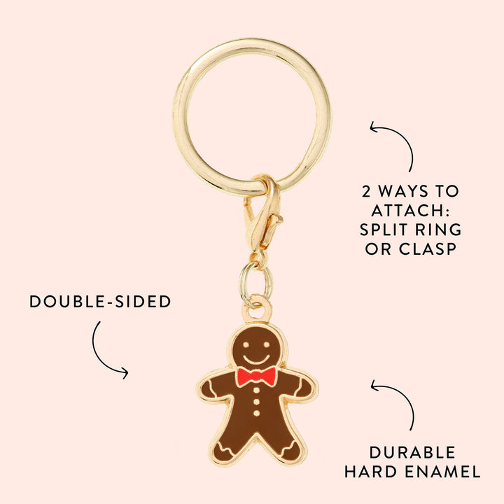 Gingerbread collar charm diagram identifying double-sided hard enamel and split-ring or clasp attachment.