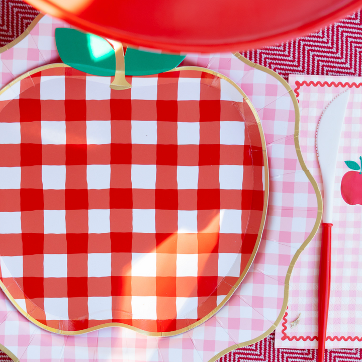 Red Gingham Apple Shaped Plate Back to School-Bonjour Fete Party Supplies