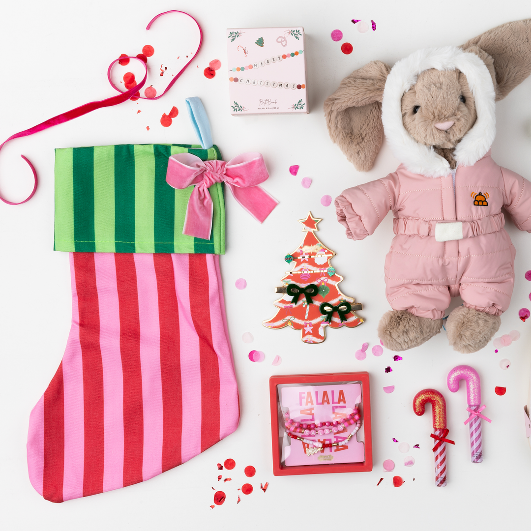 PINK & GREEN STRIPED STOCKING SET xo, Fetti Tree Skirts & Stockings PINK & GREEN STRIPED STOCKING SET Bonjour Fete - Party Supplies