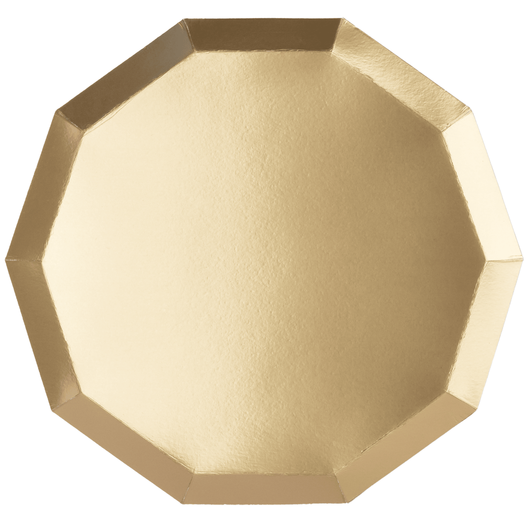 Gold foil decagon dinner plates for a wedding, New Year's Eve, or elegant dinner party