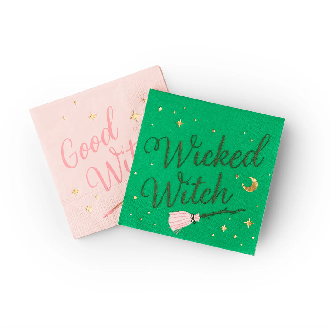 Good and Wicked witch cocktail napkins, set of 20, in pink and sage green for a Halloween bar cart