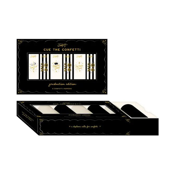Black and gold graduation confetti popper gift box, open to show six poppers inside