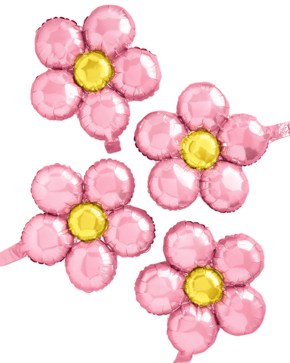 Pink daisy foil balloons with yellow centers for a spring flower birthday or garden party