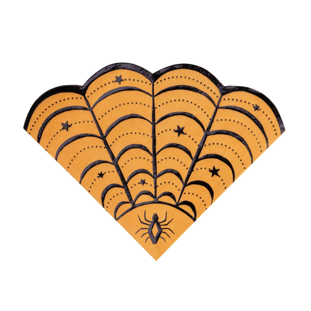 Art deco spiderweb print large napkins in orange and black for a Halloween party