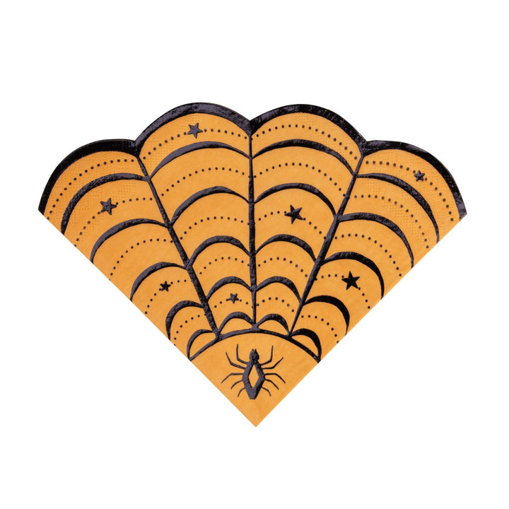 Art deco spiderweb print large napkins in orange and black for a Halloween party