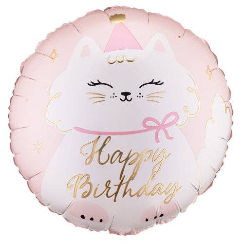 Pink Happy Birthday foil balloon with a white kitty in a party hat and gold script for a cat birthday