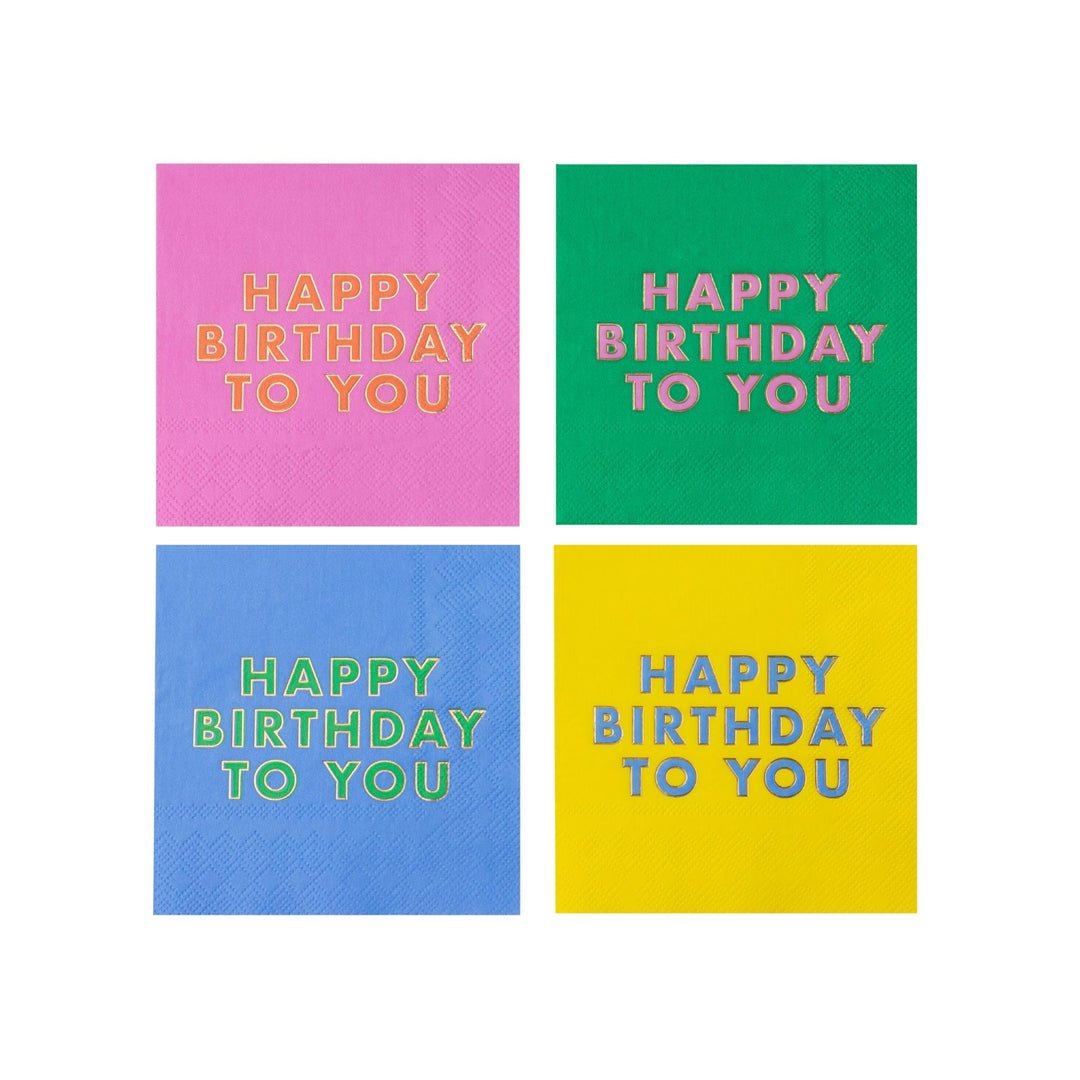Bright multicolor Happy Birthday cocktail napkins for a birthday party dessert table