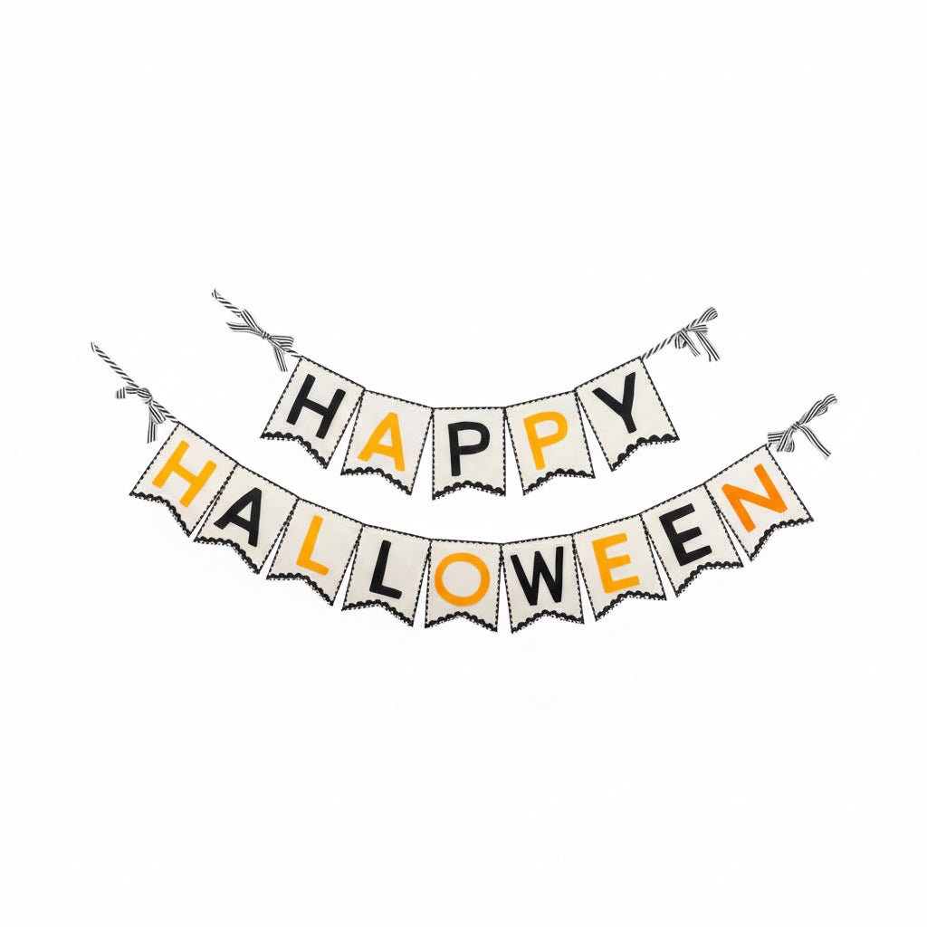 Halloween banner garland with two curved rows of pennants spelling HAPPY HALLOWEEN in black and orange lettering on cream backgrounds, with black scalloped borders.