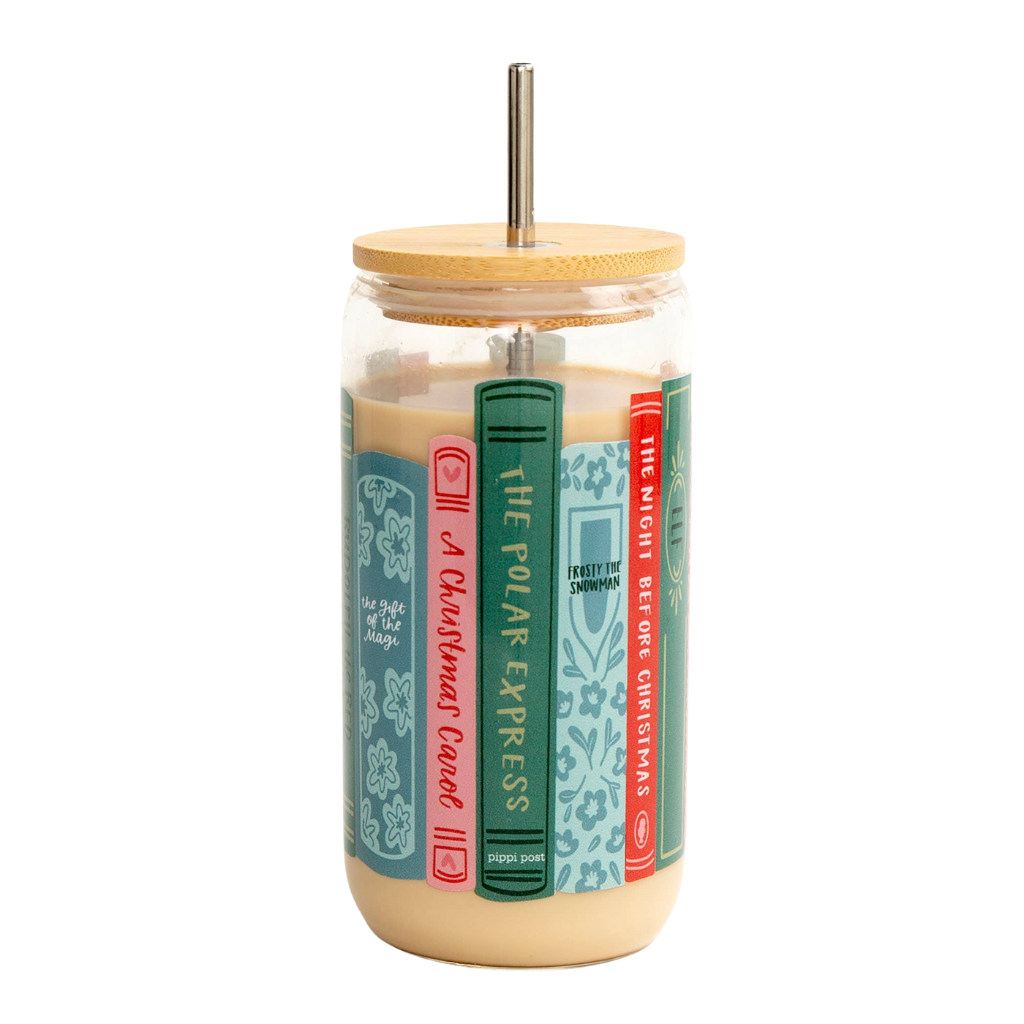 Holiday Books Glass Can Tumbler With Straw Bonjour Fete Party Supplies Christmas Holiday Kitchen & Entertaining