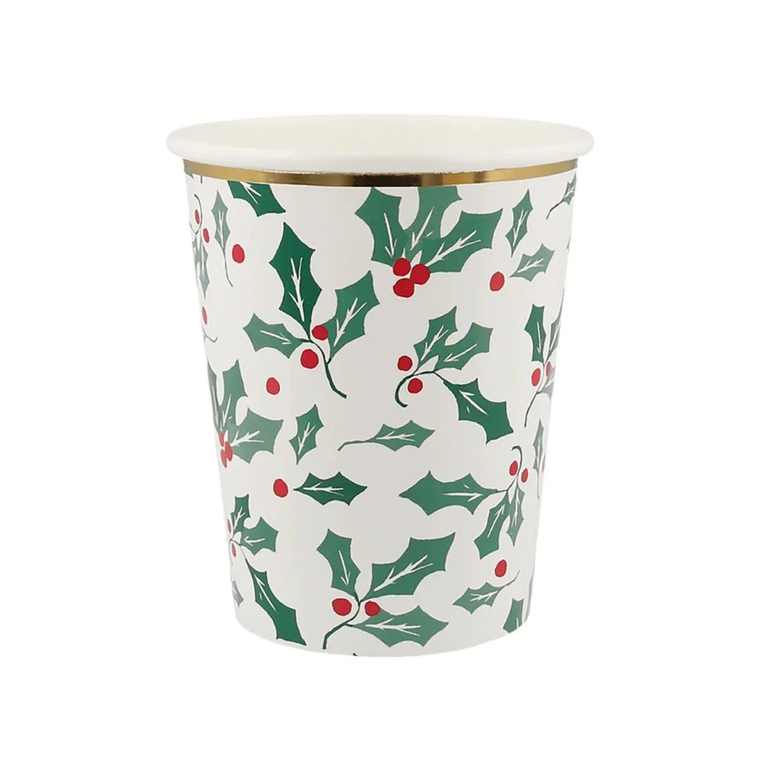 HOLLY PATTERN CUPS Meri Meri Bonjour Fete - Party Supplies