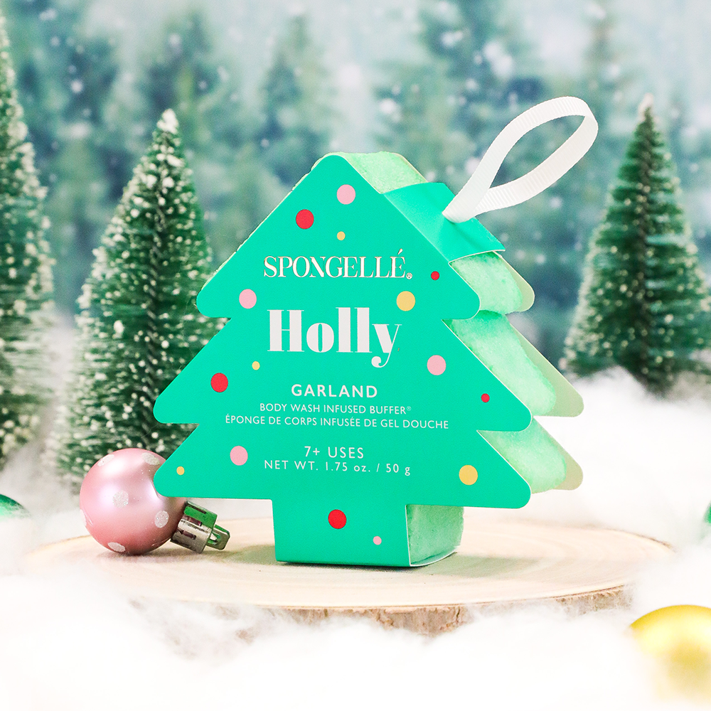 HOLLY GARLAND CHRISTMAS TREE SHOWER BUFFER SPONGE Spongellé Body Wash Infused Buffer HOLLY GARLAND CHRISTMAS TREE SHOWER BUFFER SPONGE Bonjour Fete - Party Supplies