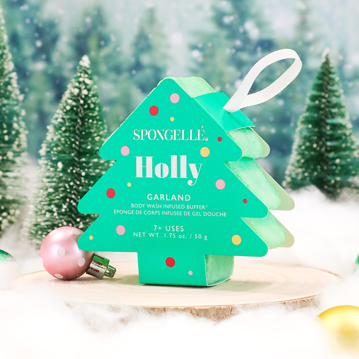 HOLLY GARLAND CHRISTMAS TREE SHOWER BUFFER SPONGE Spongellé Body Wash Infused Buffer HOLLY GARLAND CHRISTMAS TREE SHOWER BUFFER SPONGE Bonjour Fete - Party Supplies
