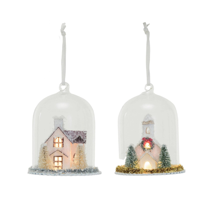 HOUSE & CHURCH IN CLOCHE LIGHT UP ORNAMENT Creative Co-op Christmas Ornament Bonjour Fete - Party Supplies